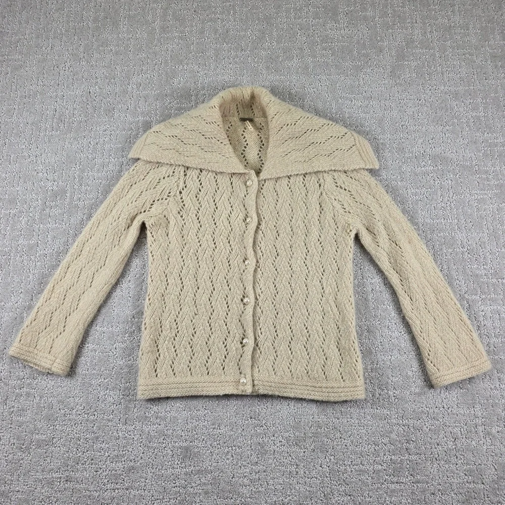 Free People Cream Pointelle Knit Wool Blend Cardigan Oversized Collar Small